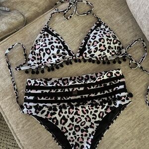 Leopard Print Bikini Set with Pom Pom Trim